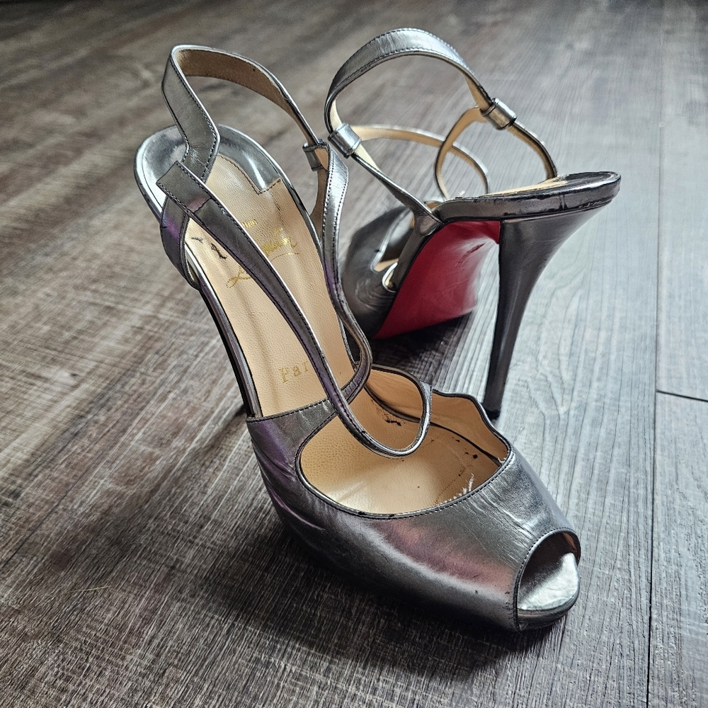 Christian Louboutin Metallic Silver Slingback Peep-Toe Pumps with Red Soles